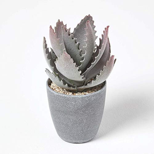HOMESCAPES Lifelike Artificial Succulent Purple & Green Aloe Vera Plant In Round Decorative Grey Pot, 21cm Tall For Indoor Use