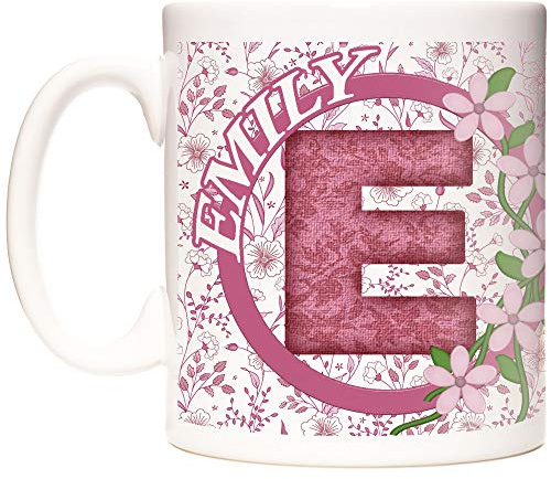 EMILY GIFT MUG, letter E mug, Name Mug, Birthday or celebration gift for ladies called EMILY. Pretty pink flower design mug. Can be personalised