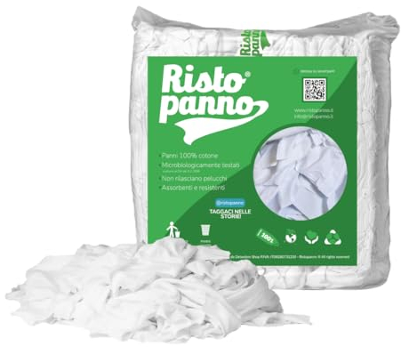RISTOPANNO Classic - Panni Multiuso Bianchi in Cotone – Box 9 kg – 40/50 x 50/60cm - Panni per Vetri, Acciaio, Mani e Superfici di Lavoro – Alta assorbenza e Zero Pelucchi