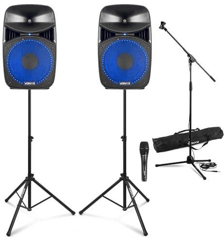 Vonyx VPS152A 15 Active Party Speaker System with Microphone Kit, Bluetooth, USB Playback, Adjustable Stands & LED Party Lights - Home Karaoke & Vocalist PA Set