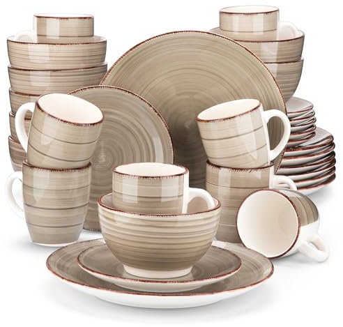 vancasso Serie Bella Juego de Vajillas 32 Piezas Vajillas Completas Gres para 8 Personas Moroccan Estilo con Platos de Cena, Postre, Cuencos, Tazas, Marrón