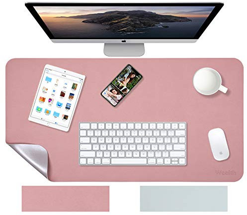 Weelth Tapis de bureau multifonctionnel, protection de bureau étanche en cuir PU, bloc-notes de bureau double face pour bureau/maison (rose/argent, 23,6 x 13,7)