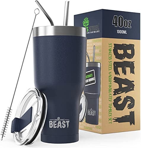 Beast Thermobecher 1050 ml (40 oz) - Navy blau I Mehrweg Thermo Kaffeebecher To Go mit 2 Strohhalmen & Reinigungsbürste I Doppelwandiger Trinkbecher aus Edelstahl I Perfekt für Kaffee oder Eiskaffee