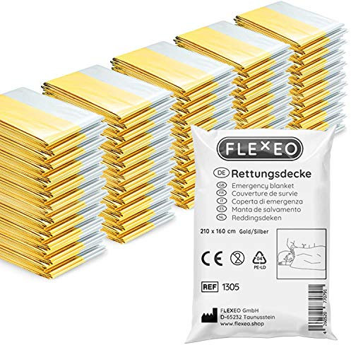 FLEXEO 50x Rettungsdecke Gold Silber - 210cm x 160cm - Rettungsfolie - Notfall - Erste-Hilfe-Decke - Notfalldecke - Rettungsdecken - Emergency Blanket - Goldfolie - Silberfolie