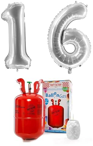 PARTY FACTORY Helium Set 16 mit XXL Zahlenballons, Ballongas und Ballonschnur - für Geburtstag, Jubiläum, Jahrestag; Gold, Silber, Schwarz, Pink, Rosa, Rosagold, Bunt (Silber)