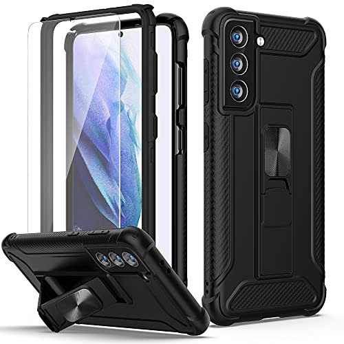 ORETECH Cover per Samsung Galaxy S21 5G 2021, [2 X Pellicola Protettiva Vetro Temperato] Grado Militare 360 gradi Antiurto Hard PC Silicone Bumper TPU Magnetica Anello Supporto per Samsung S21 - Nero