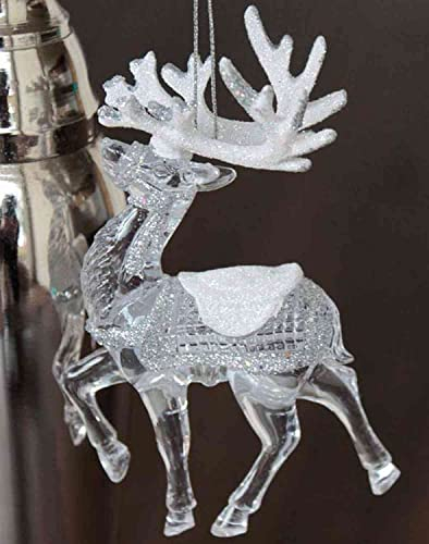 INNA-Glas Acryl Hänger Hirsch MATTHIS, Glitzer, transparent-Silber-weiß, 9x2x12cm - Weihnachtsbaumschmuck