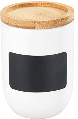 WENKO Gewürzdose Waia, Keramikdose mit Deckel aus Bambus und Silikonring zur luftdichten und aromafrischen Aufbewahrung, individuelle Beschriftung, Fassungsvermögen 100 ml, (B/T x H): ∅ 6 x 9 cm, Weiß