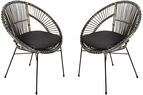 SAM 2er Set Rattanstuhl Genua, Farbe Anthrazit, inklusive Sitzkissen, Korbstuhl mit Metallfüßen, Geflechtstuhl/Eisenstuhl im Retro-Design, Esszimmerstuhl mit Armlehnen