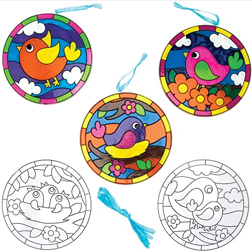 Baker Ross FC701 Vogel Sonnenfänger Bastelset - 5 Stück, Buntglas Effekt für Kinder zum Bemalen, Basteln und Aufhängen