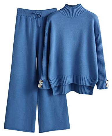 QWUVEDS Damen Strickset Herbst und Winter Strickanzug Stehkragen Pullover Lange Hosen Lose Zweiteiler Sportshirt Damen (Blue, One Size)