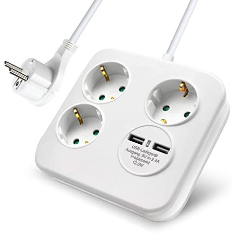 EXTRASTAR Regleta Enchufe con 3 Tomas y 2 Puertos de USB, 1.5 m, para El Hogar, La Oficina y Los Viajes, 3680W, 3G*1.5mm², Blanco, 1pc