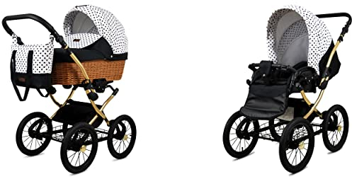 BabyLux ALU 2in1 Kinderwagen für Kleinkinder – Kinderwagen für Neugeborene und Kleinkinder – Baby Neugeborenen Kinderwagen – 59x105x125cm – Max. 15kg – Black Dots Gold Frame