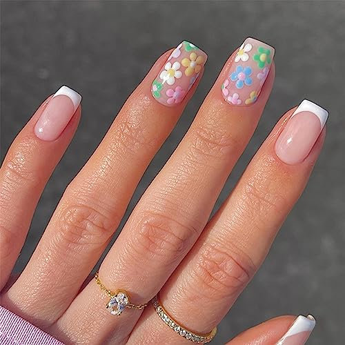 Agasar 24pcs French False Nails Short Square White Tip Stick on Nails Daisy Flower Press on Nails Removable Glue-on Nails Fake Nails Women Girls Nail Art Accessories