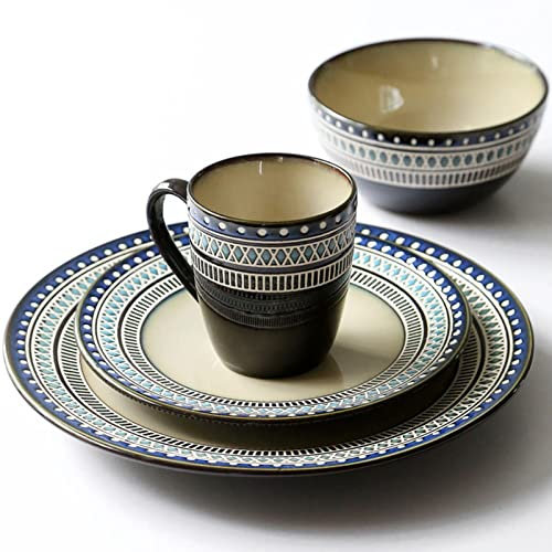 DUDSME Juego de vajilla de cocina redonda de 24 piezas para 6 juegos de vajilla de cerámica esmaltada reactiva con tazas, juego de cena vintage irrompible, platos de porcelana y cuencos, juego de