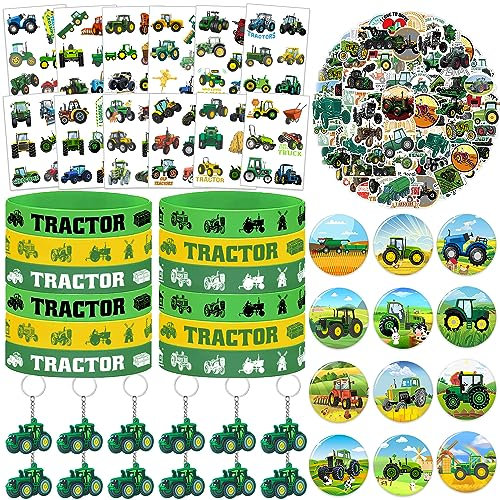 98 Stück Traktor Party Gastgeschenke Traktor Thema Geburtstag Party Zubehör Dekorationen Traktor Gummiarmband Schlüsselanhänger Knopf Pin Traktor Aufkleber für Kinder Bauernhof Tier Mottoparty