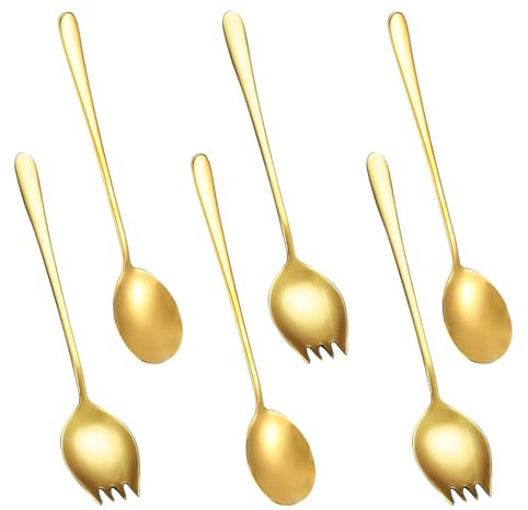 JustYit 6 Pièces Couverts à Salade Dorés en Acier Inoxydable,3 Cuillères à Salade et 3 Fourchettes à Salade, Couvert Salade Design Poli, Lavables Au Lave-Vaisselle