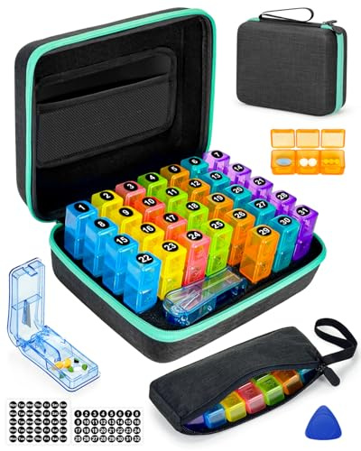 FRIWOLE Medizin-Organizer-Box mit tragbarer Hartschale und Pillenschneider, 31 Tage Pillendose mit monatlichem und wöchentlichem Aufkleber (3 mal täglich)