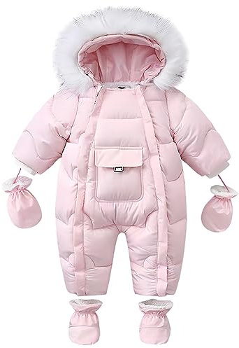 L SERVER Combinaisons de Neige Bébé Garçon Chauds Coupe-vent Jumpsuit Fille Epais Combinaison Pilote Polaires Vêtements de Ski avec Gants + Couvre Pieds, Rose, 12-18 mois