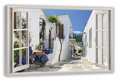 HUBDECO Leinwandbild Fensterblick Griechische Straße Bild 70x50 cm - Landschaftsbilder auf Leinwand - Wandbilder Wohnzimmer - Bild Fenster mit Ausblick - Aesthetic Room Decor - Wanddeko Schlafzimmer