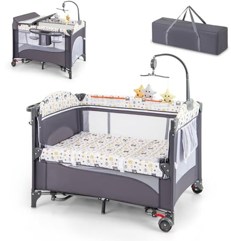 DREAMADE Reisebett mit Matratze, 5 in 1 Beistellbett Baby mit Rollen & Wickelauflage & Spieluhr, 110×76cm Babybett mit Tragetasche, für Neugeborene & Baby (Bunt)