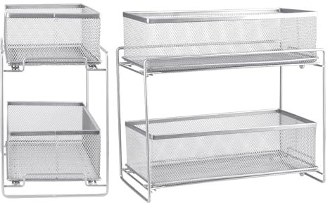 XUANYU Étagère sous Évier à 2 Niveaux, 2 Étages Rangement sous Évier Cuisine, Panier de Rangement Coulissant à 2 Niveaux, Organisateur de Tiroir Coulissant pour Cuisine/Salle de Bain, Argent B-2 PCS