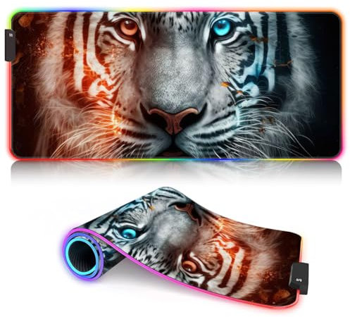 BUBELS Tapis de Souris de Jeu coloré Tigre Blanc XXL RGB LED avec Base en Caoutchouc antidérapant, Tapis de Souris de Jeu RGB, Tapis de Souris pour Clavier, Cadeaux de Jeu 15,7 x 35,4 Pouces