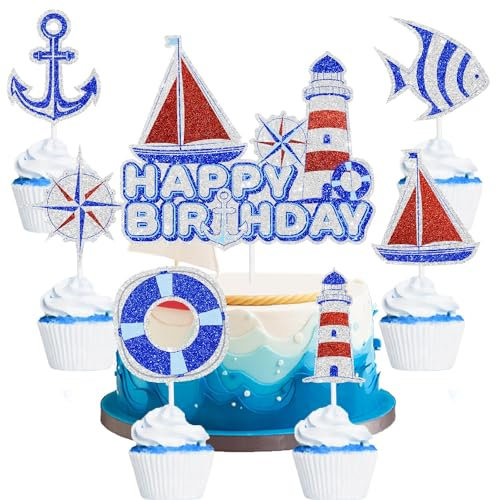 SugarGera Kids' Sailboat Themed Happy Birthday Cake Toppers 7-PC Set - Perfect for Boy or Girl's Sailor, Baby Shower, Children's Day, Anniversary, Gender Reveal Parties - Blue, Metallic