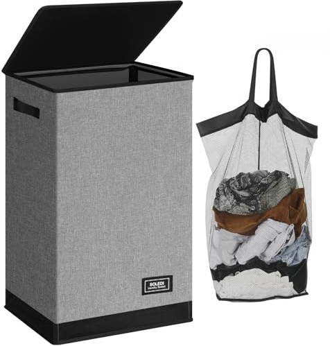 SOLEDI Laundry Basket with Lid Clothes Hamper Collapsible Washing Laundry Basket Bag, Foldable Washing Bin for Bedroom (Grey, 90L)