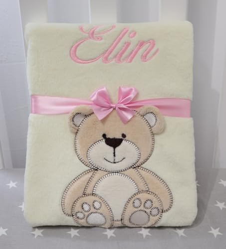 BotoBaby® - Babydecke mit Namen und Geburtsdatum - Geschenk Taufe Geburt ★ (Vanille-Beige Teddybär)