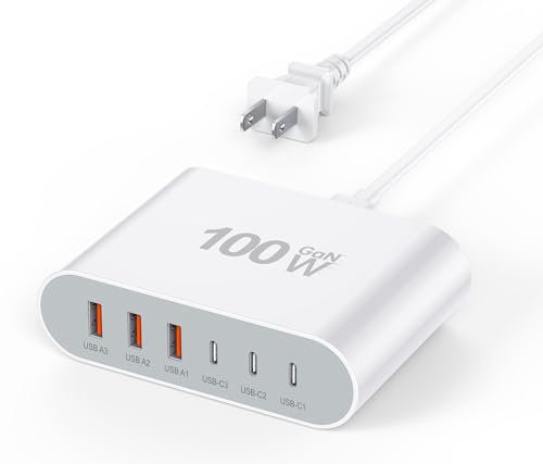 100W USB C Fast Charger Block Compact GaN 6 Port PD USB C and QC USB A Wall Charger Type C Charging Station Hub Adapter Plug Cube Brick for iPhone 16 15 14 13 Pro Max iPad Pro Air Samsung Pixel LG