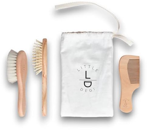 Little Dedi 3'er Set Baby Haarbürste – Natürliche Ziegenhaarbürste & Bambusborsten, Buchenholz-Kamm, Baumwolltasche – Sanfte Pflege für Neugeborene & Kleinkinder, Geschenkfertig