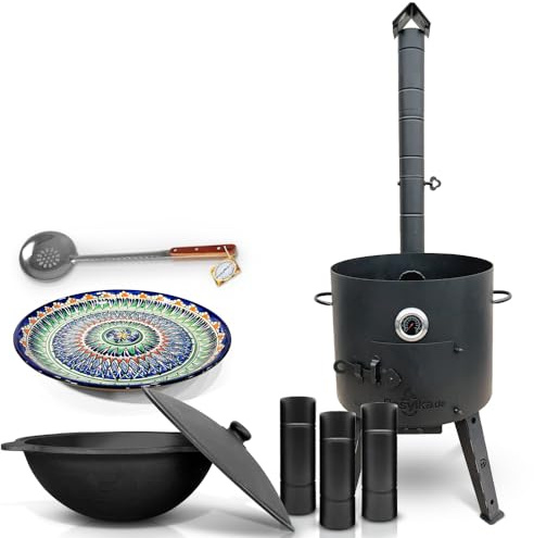 Feuerofen Ø 44 cm 2 mm Stahl Utschak Uchag mit Thermometer Usbekische Kazan 16 L Verlängerungsrohr Schaumlöffel für Plov Казан Lagan Ø 37 cm (Set 2)
