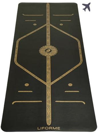 Liforme Reise-Yogamatte, patentiertes Ausrichtungssystem, kriegerähnlicher Griff, rutschfest, umweltfreundlich, ultraleicht und schweißresistent, hergestellt aus Naturkautschuk (Schwarz und Gold)