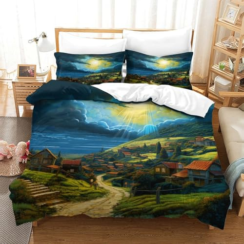 CULPRT Bettwäsche,3 Teilig 3D Dörfer,Bedruckte Bettwäsche Tröster Set Bettbezug Für Familien Aus Microfase Mit Kissenbezug Single（140x200cm）