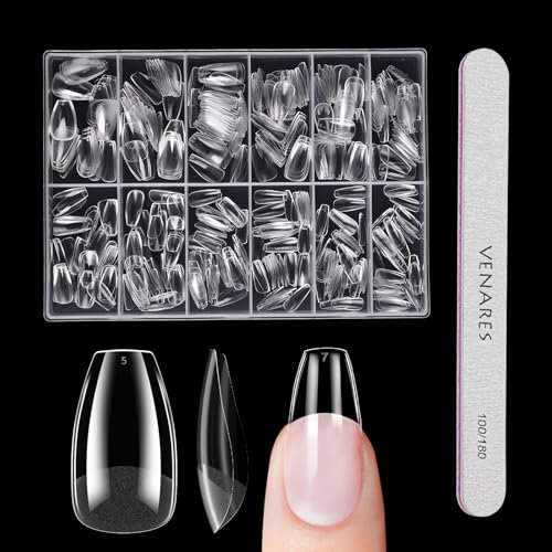 Venares 500 Stück Acryl Tips für Gelnägel Künstlich Nägel Tips Set 12 Größen Kurze Nageltips für Gelnägel Starterset, Full Cover Soft Gel Nail Tips mit Nägel Feilen für Nagelverlängerung