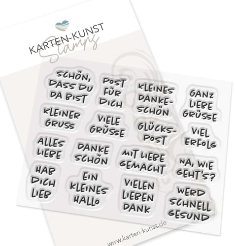 Karten-Kunst Clear Stamps KK-0262 – Viele kleine liebe Grüße – Textstempel mit 16 Mini-Sprüchen für Karten, Geschenke & Etiketten Deutsch, 1,3–2,5 cm breit