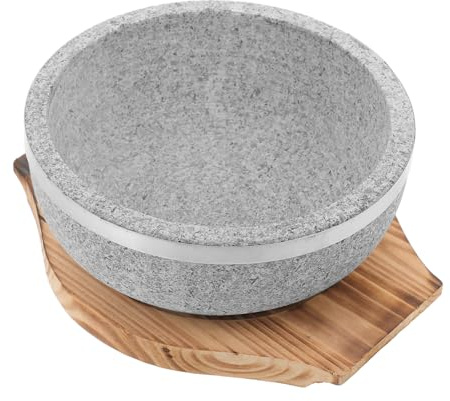 Koreanische Kochschüssel Dolsot 18cm 800ml mit Holztablett | Naturstein und Holz, 1 Satz mit Untersetzer, für Küche, Suppenreis und Bibimbap
