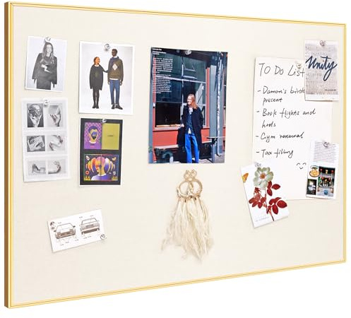Lightomorrow Bulletin Board 30 x 20 inches, Oatmeal White Pin Board Vision Board, Golden Aluminum Framed Fabric Cork Board with 10 Push Pins