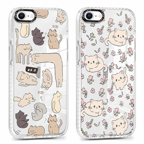 Xylota 2 Stück Transparent Handyhülle für iPhone 8/7/SE 2020/SE 2022 4,7 Hülle, Durchsichtig Case Muster Niedlich Katze Mädchen Schutzhülle, Weich Silikon TPU Bumper Stoßfeste Cover für iPhone 7,07