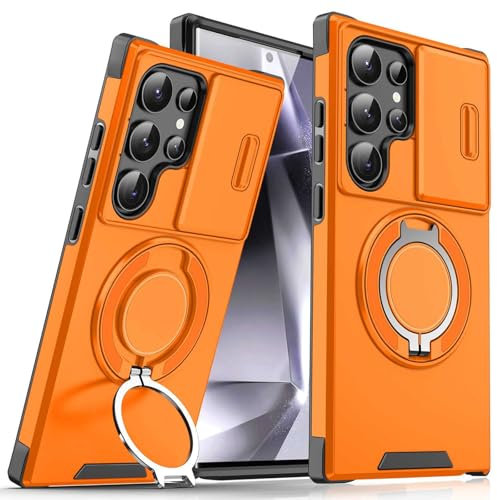 MFAOSHI Antichoc Coque pour Samsung Galaxy S24 Ultra/S24 Plus/S24, avec Coulissant Caméra Housse Magnétique Béquille Mince Robuste Téléphone Étui,Orange,S24