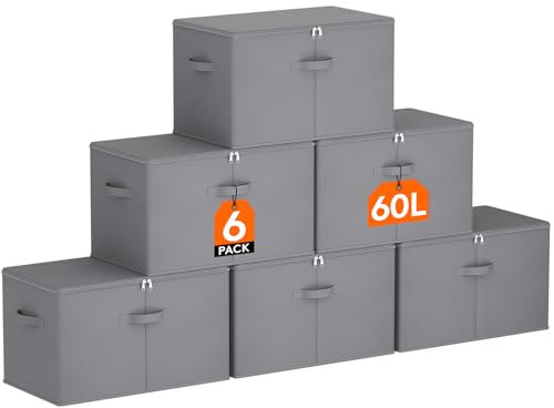 Lifewit 60L Aufbewahrungsbox mit Deckel, 6er-Pack, Faltbare Aufbewahrungsboxen aus Vliesstoff mit Griff, Faltbox, Kleideraufbewahrung, 56 x 32 x 33 cm, Grau