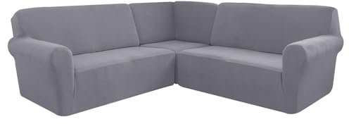 AIMENJOY L-Form Sofahusse 5/7-Sitzer Eckcouch Cover, Elastischer Ecksofabezug Mit Anti-rutsch Schaumstoffankern, 3-teilige Dicker Jacquard Schonbezug (Medium Grey,7 Sitzer)