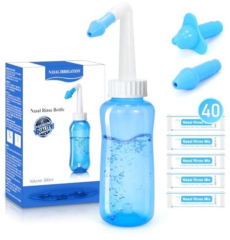 Julaiwy Rinse Nasal Irrigation System Neti Pot Sinus Rinse Bottle Nose Wash Cleaner for Adult & Kid 300ml with 40 Nasal Wash Salt Packets