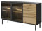 Bettso - Vitrinenschrank - Niedrige Glasvitrine mit Schubladen - Wohnzimmer Schrank - Fernsehschrank mit Türen, Lowboard - Hohe Beine - Schwarz & Evoke Eiche Holzoptik 150x39x85cm