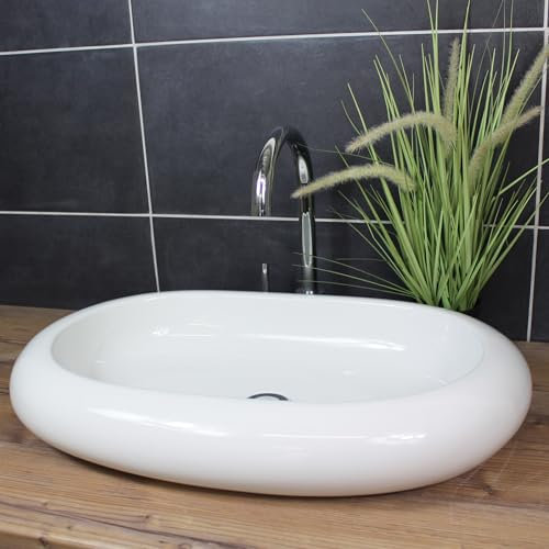 Lavabo ovale da appoggio 62 x 40 x 10 cm, allungato, arrotondato, in ceramica, bianco, moderno, grande