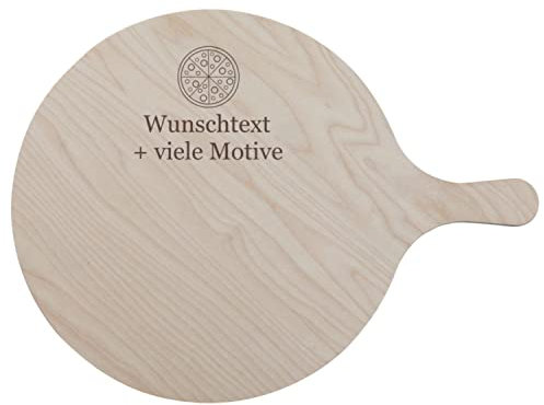 Geschenkissimo Pizzabrett Holz personalisiert mit Text + Motiv rund, 32 cm – Schneidbrett, Servierbrett aus Holz, Flammkuchenbrett, Holzteller für Pizza und Kuchen,