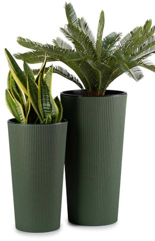 HowHomely 2X Blumentopf Gross mit Pflanzkübel Einsatz | Grün Pflanzkübel Groß aus Kunststoff für Deko Wohnzimmer oder Garten | Set aus 2 Blumenübertopf (30xh57cm & 25xh46)