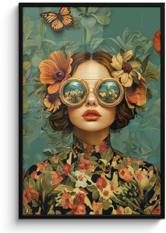 MuchoWow© Wandbilder mit Rahmen Wanddeko Bilder Wohnzimmer Moderne | 80x120 cm - Zimmerdeko Geschenk Bilderrahmen Frau - Blumen - Schmetterlinge - Natur - Vintage