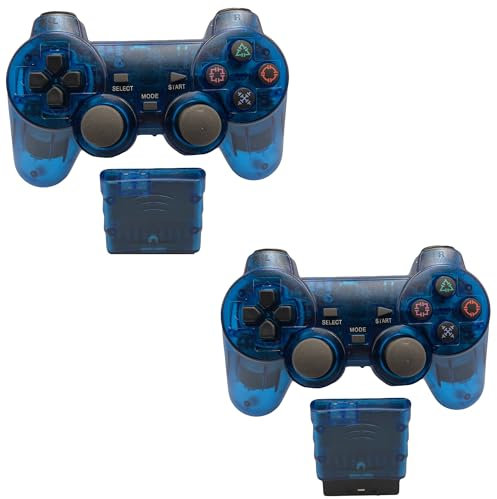 Genérico 2x Mando PS2 inalambrico, joystick integrado de doble vibracion 2.4G Gamepad compatible con PS2 y Psone / PS1 Azul